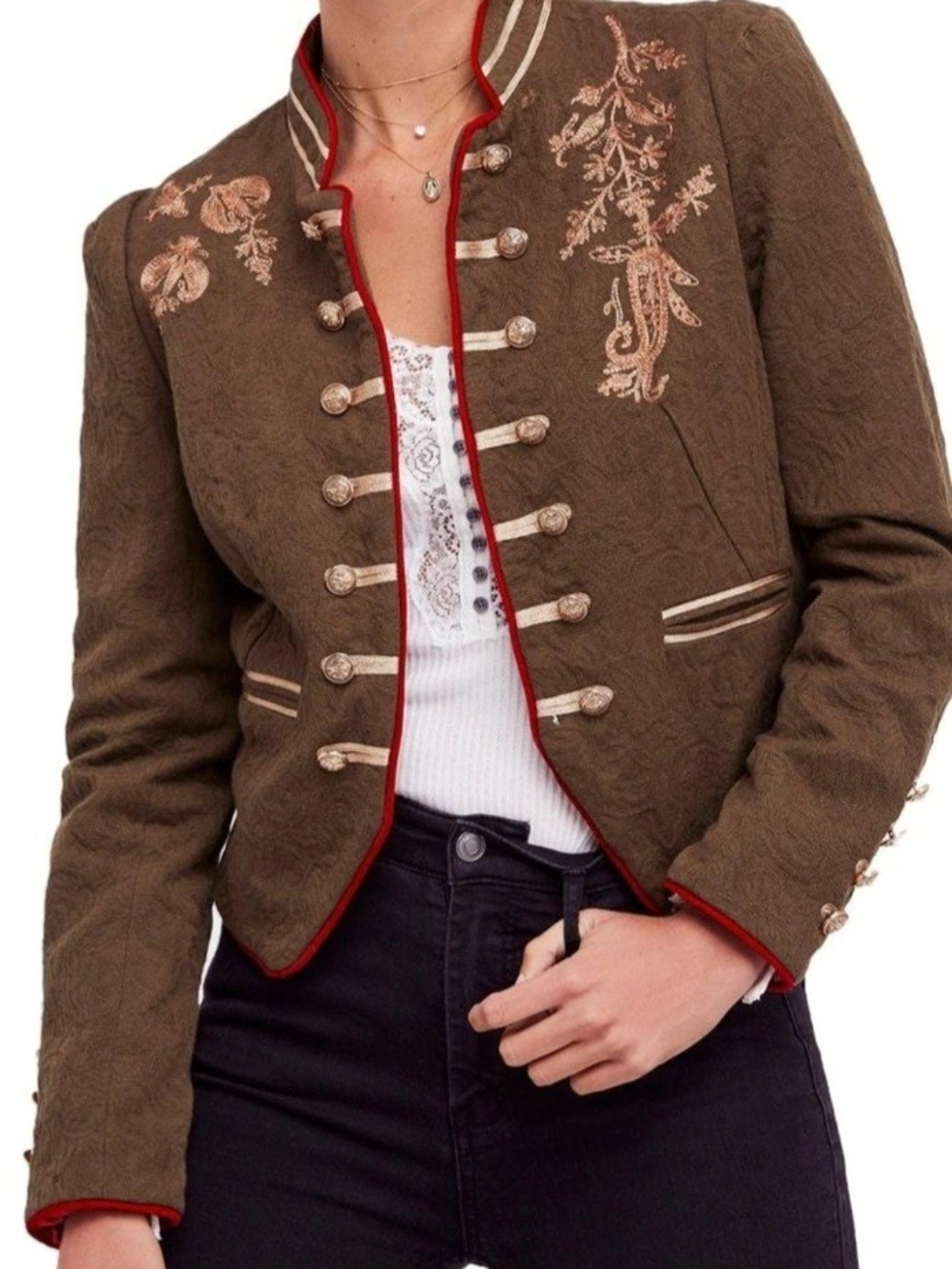 Free People Olive Green Embroidered Military-Style Jacket with Pink Trim